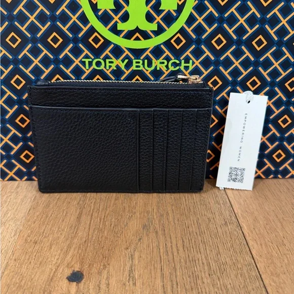 Tory Burch Britten Zip Card Case Mini Wallet Black Gold - Picture 2 of 5